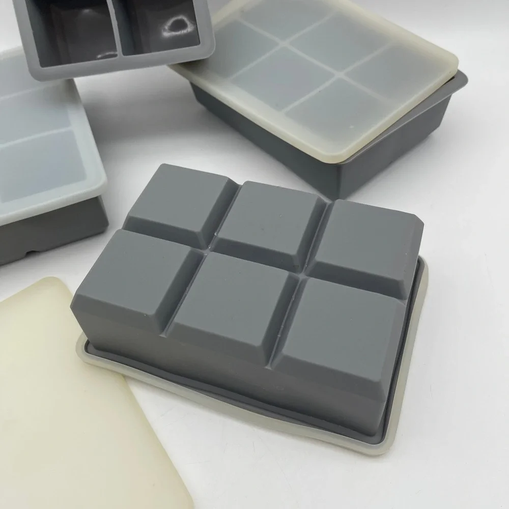Grey Silicone Ice Cube Tray Set of 4 with Lids Square Large Molds 6-Cavity